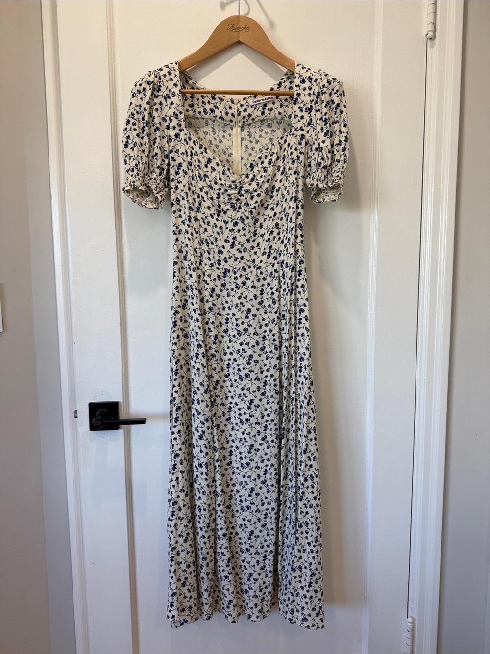 Reformation Cream Midi Dress with Navy Floral Print